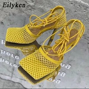 Yellow Lace-Up Mesh High Heel Sandals